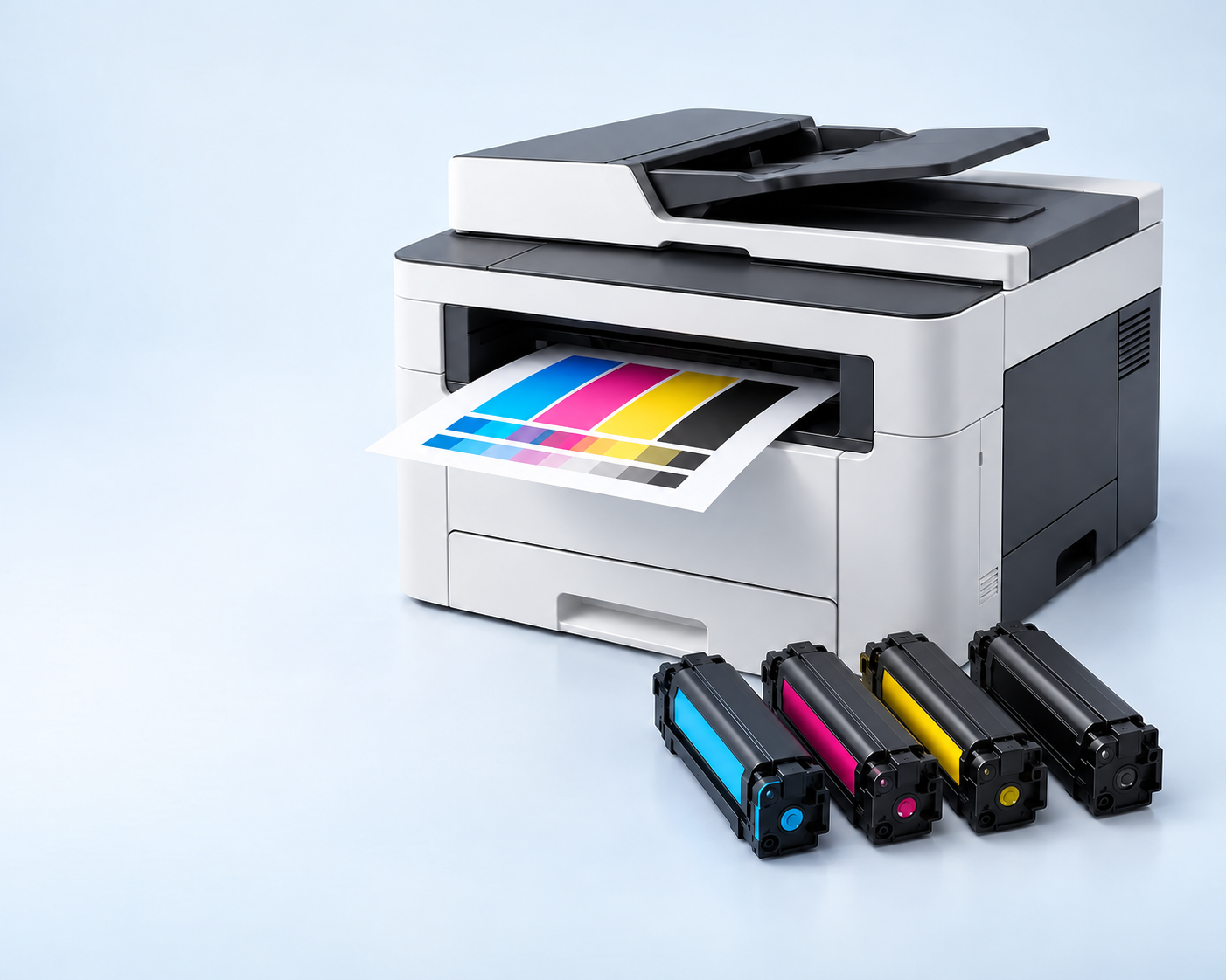 A modern office printer producing a vibrant colour print, with four toner cartridges: cyan, magenta, yellow and black